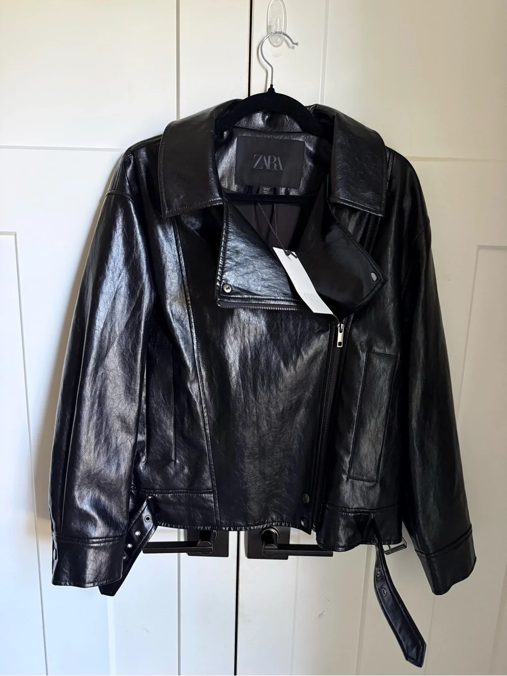NWT Zara ZW Collection faux leather jacket with lapel collar and belted hem. S.